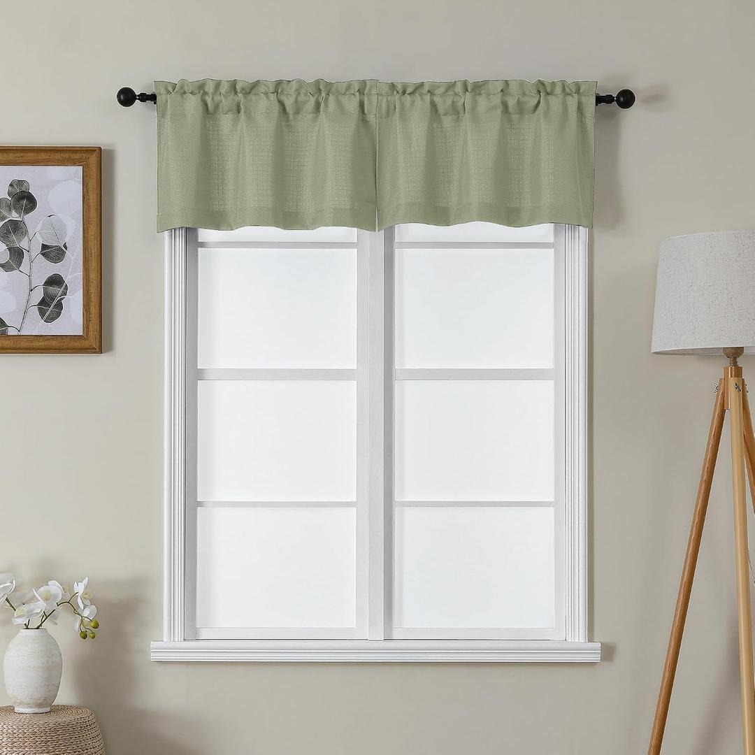 Lecloud Bessie Light Green Valance for Windows 14 Inch Length 2 Pcs, Short Cafe Kitchen Curtains with Rod Pocket, Faux Linen Window Valances Curtains for Bedroom Basement Bathroom, Each 30 W x 14 L