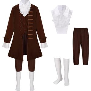 GRAJTCIN Kids Benjamin Franklin Costume Boys Colonial Outfit Halloween Party Dress Up Historical Characters Cosplay (7-8Y, Brown)