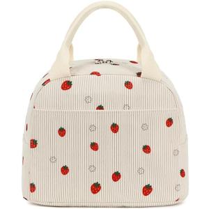 Corduroy Insulated Lunch Bags for Women Lightweight Reusable Large Capacity Handheld Cooler Tote Bag with Pockets Cute Floral Lunch Box for Travel Work Picnic (Strawberry Red)