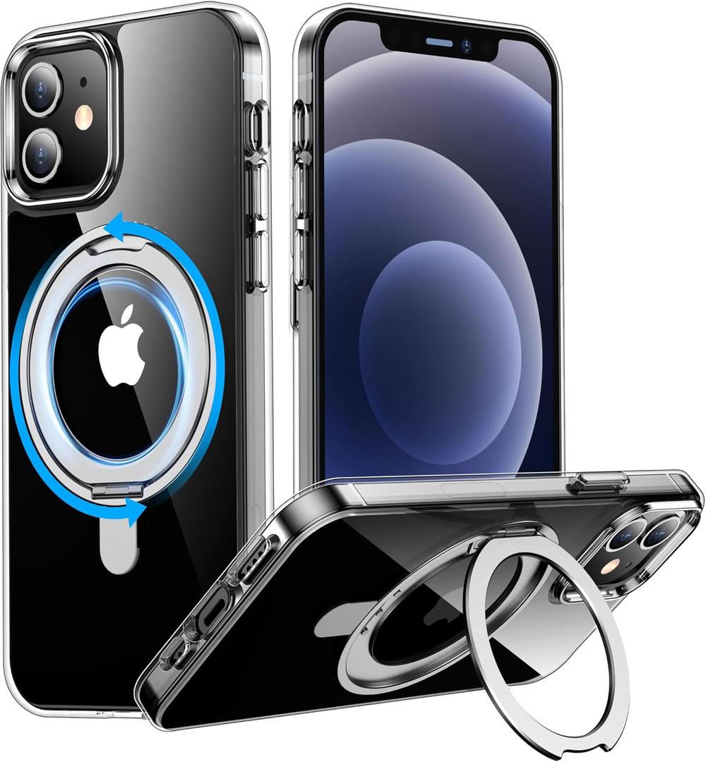 Temdan Magnetic for iPhone 12 & iPhone 12 Pro Case,[with 360Rotatable Invisible Magnetic O-Ring Stand][Shockproof][Compatible with MagSafe] Slim Phone Case 6.1" Clear