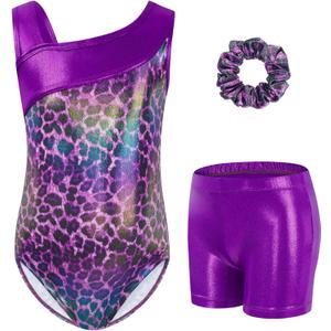 Gogokids Gymnastics Leotards for Girls Sparkly Rhinestone Dance Unitards Biketards with Shorts Activewear (6-7 Years, Purple)