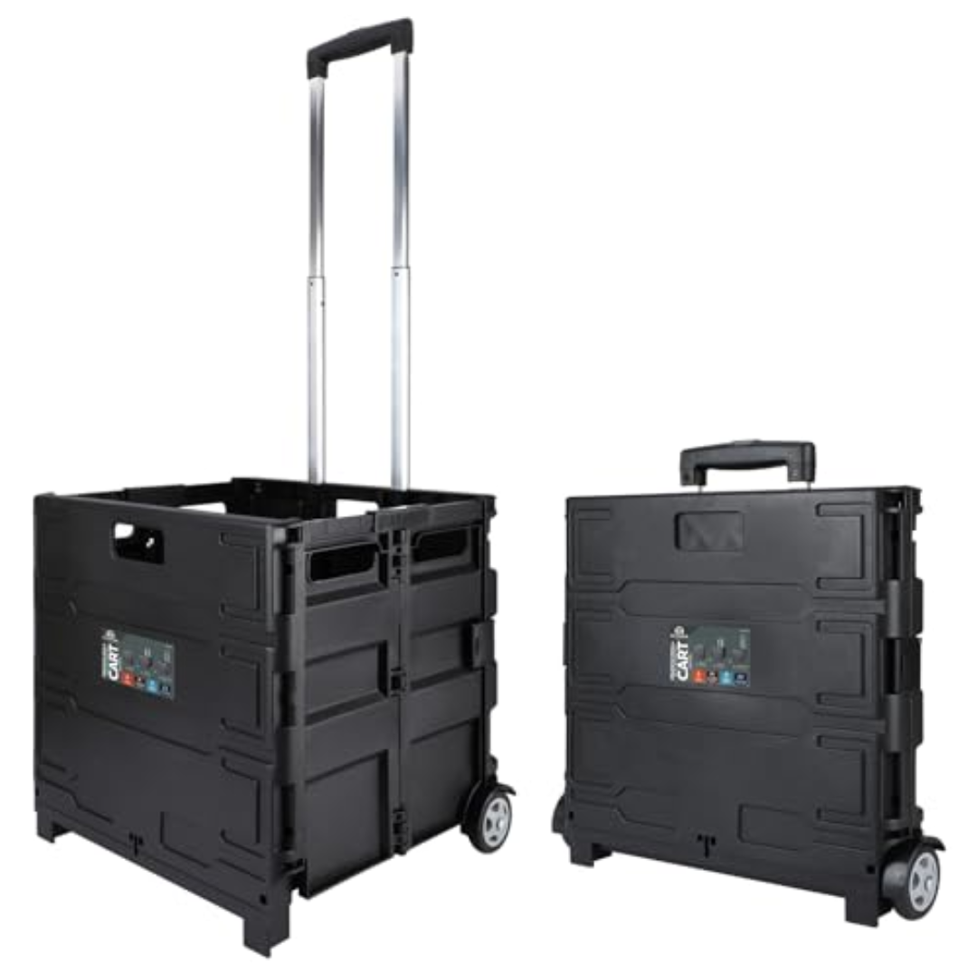Folding Utility Trolley Box Collapsible Black Rolling Folding Dolly Cart for Teachers - Multi-Functional with Extra Storage, Durable Wheels, and Easy-to-Fold Design for Classroom, Office, Shopping
