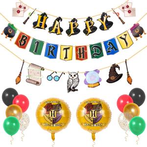 Pirese Wizard Birthday Decorations, Magical Happy Birthday Banner with Balloons, Pre-Strung Party Supplies, Gold Confetti Balloons & Unique Pirese Foil Balloon, Magical Decor for Kids & Adults