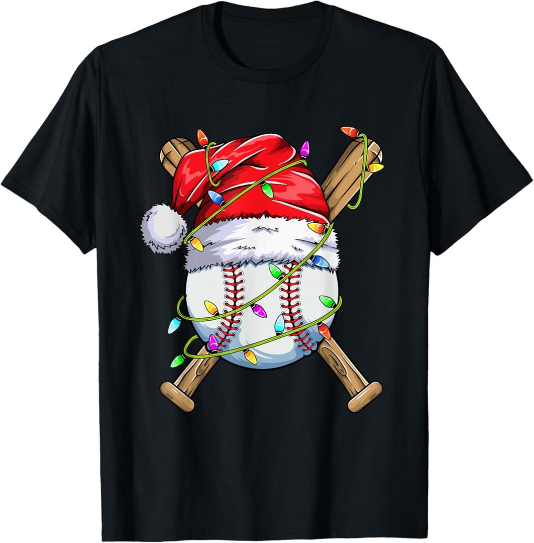 Santa Sports Design for Men Boys Christmas Baseball Player T-Shirt Size L