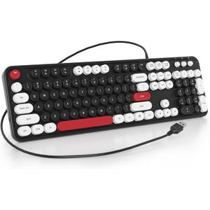 Wired Typewriter Keyboard Full Size USB Keyboard Retro Computer Keyboard with Round Keycaps for Windows Laptop(Black)
