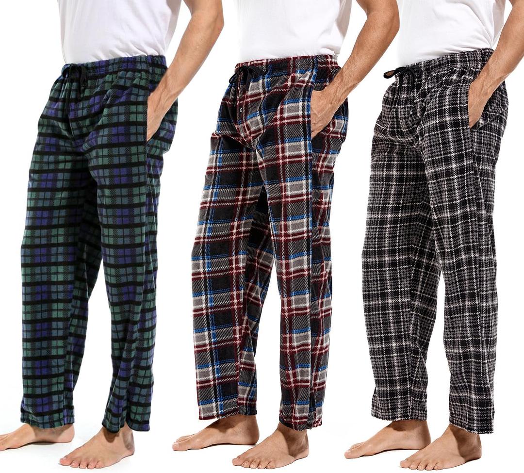 DG Hill 1Pack or 3Pack Mens PJ Pajama Pants Bottoms Fleece Lounge Pants Sleepwear Plaid PJs with Pockets Microfleece (Small, 3pack-multi/Blue&green/Gray)