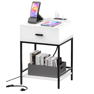 Facofaco White Nightstand with Charging Station and USB Ports, 3-Tier End Table with Wood Drawer Storage Shelf, Tall Small Bed Side Table for Small Spaces Living Room, Bedroom