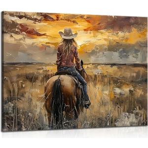 Western Cowgirl Riding Horse Canvas Wall Art Western Girl Room Oil Posters Pictures Sunset Countryside Landscape Painting Wall Decor Vintage Cowgirl Painting for bedroom country Framed