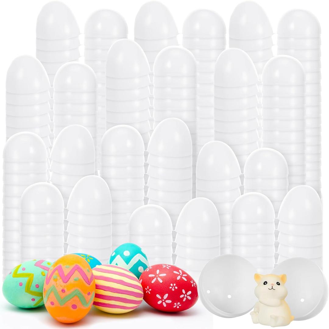 Meooeck 100 Pcs DIY Easter Eggs White Plastic Fillable DIY Empty Blank Eggs for Basket Stuffers Fillers Easter Theme Party Favor Hunt Classroom Prize (1.6 x 2.4 Inch)