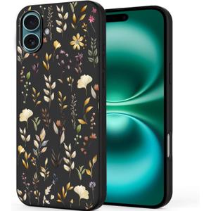 Unov Case Designed for iPhone 16, Black Phone Case with [Anti-Slip Embossed Pattern], Shockproof Slim Protective [Anti-Scratch TPU] Back Cover, Golden Garden