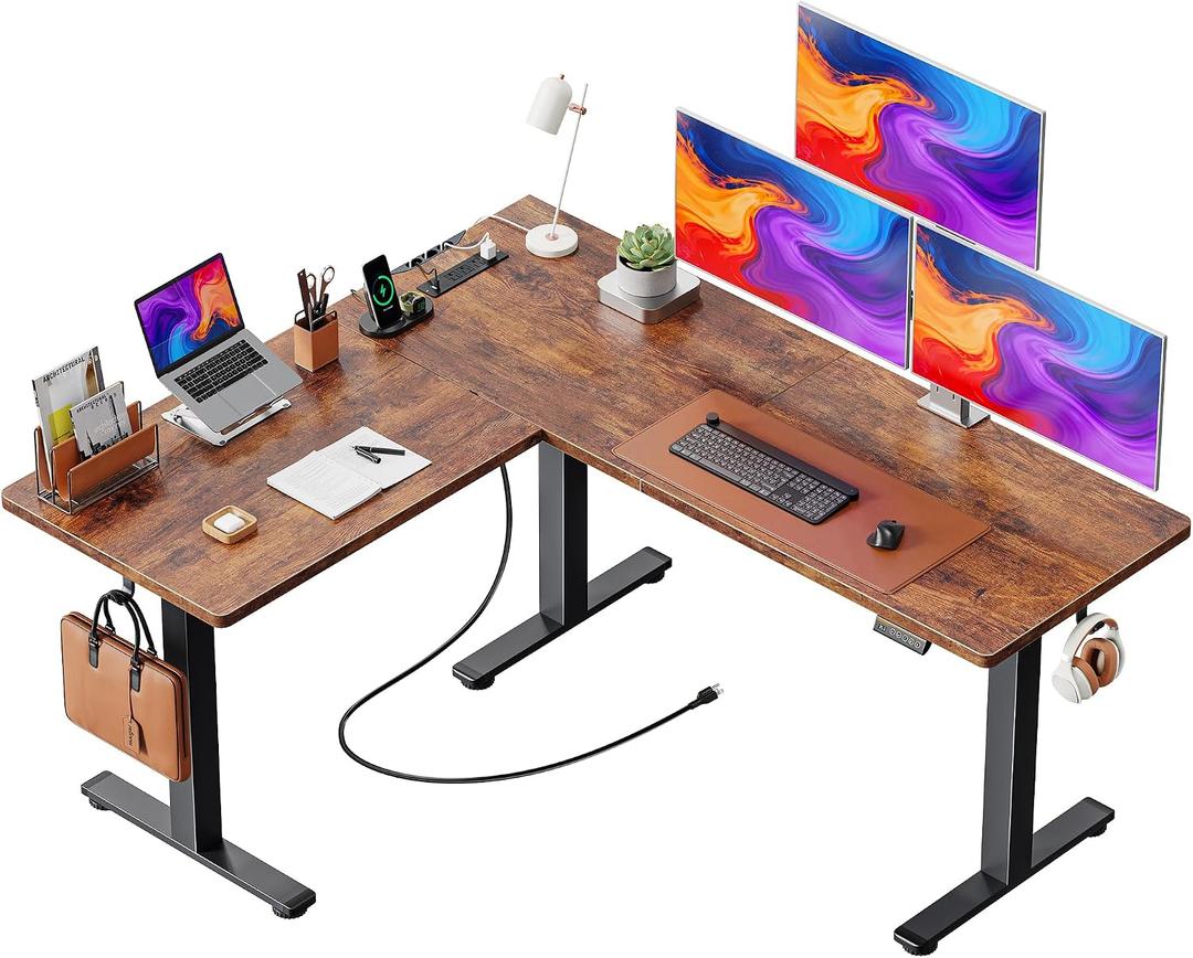 Huuger L Shaped Standing Desk with Power Outlets, 63 x 55 Inch Height Adjustable Computer Desk for Bedroom, Corner Stand up Desk for Home and Office, Work and Study, Rustic Brown