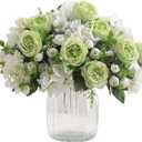 4 Bunches Green Peony Artificial Flowers for Decoration Faux Rose Fake Bouquet Silk Arrangements Table Centerpiece for Vase Cake Topper Bridal Baby Shower