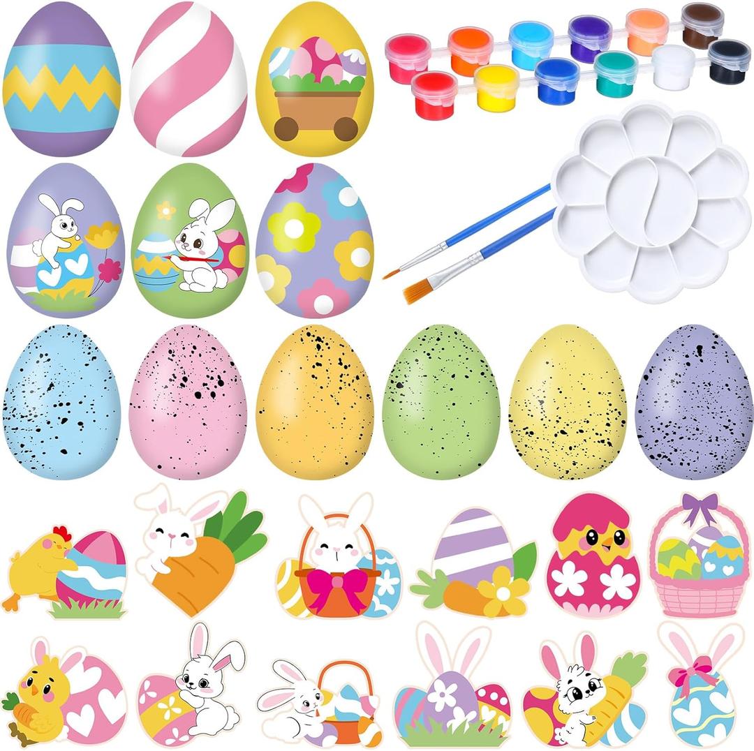 Eaasty 24 Pcs Easter Eggs and Bunny Painting Kit Wooden Eggs and Bunny for Easter Crafts Basket Stuffers Gifts for Kids Birthday Party Favors Classroom Prizes DIY Decor