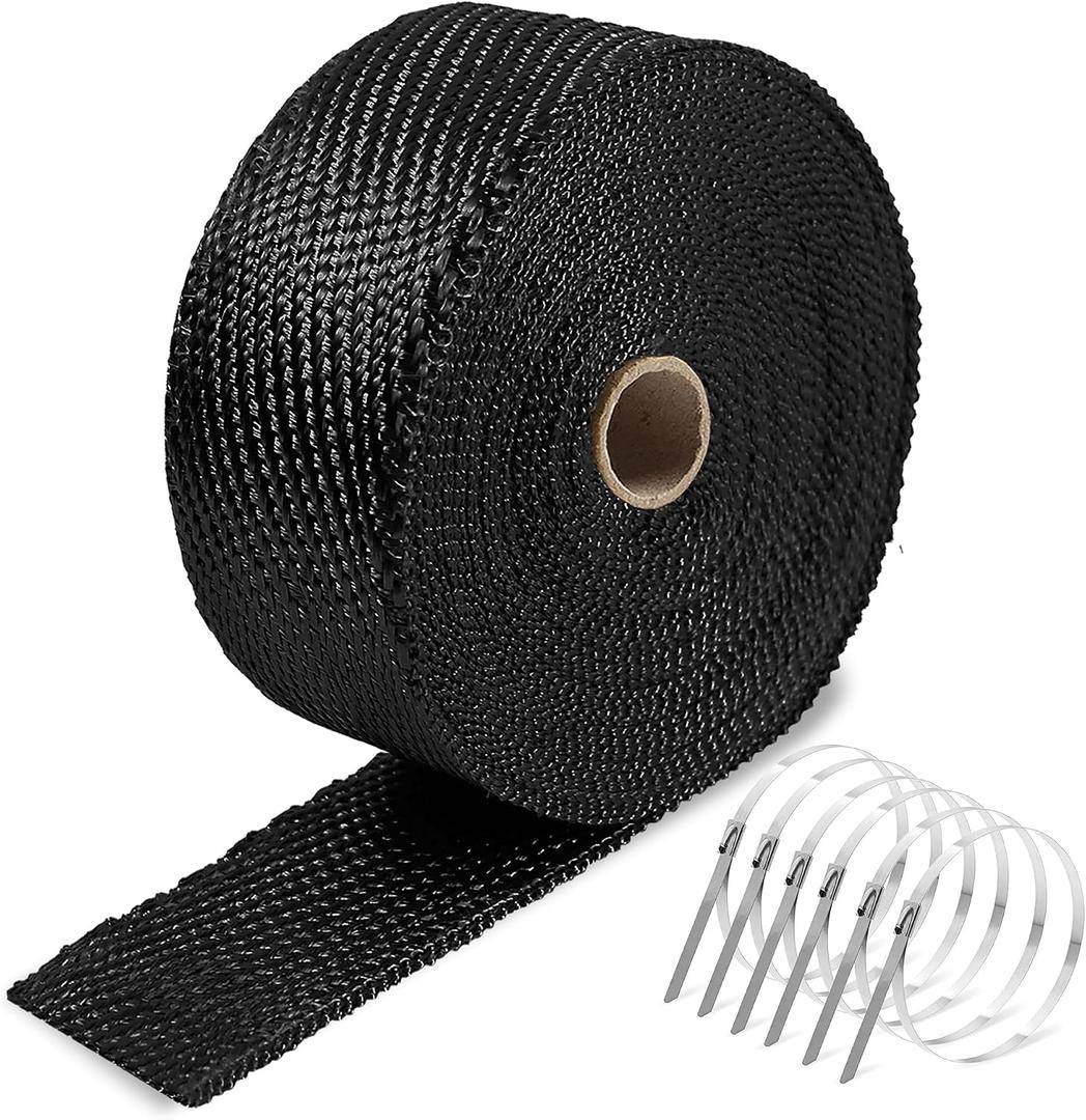 NEZUIBAN 2" x 50FT Exhaust Heat Wrap, 1400F High Temp Fiberglass Header Wrap Heat Shield Tape with 12 Stainless Steel 304 Locking Ties for Motorcycle & Automotive