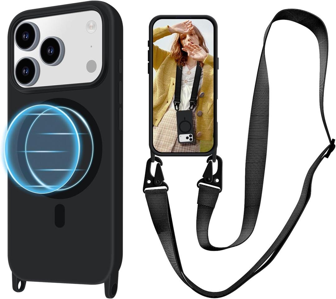 for iPhone 17 Pro Case with Lanyard Compatible with MagSafe Silicone, Crossbody Phone Case with Neck Strap Adjustable, Magnetic Phone Cover for iPhone 17 Pro 6.3'' Black