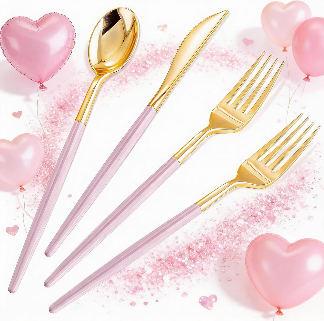 SUT 160Pcs Pink and Gold Plastic Silverware, Heavy Duty Plastic Silverware, Valentines Plastic Utensils, 80 Plastic Forks, 40 Knives, 40 Spoons, Disposable Cutlery for Parties, Valentines(Pink Gold)