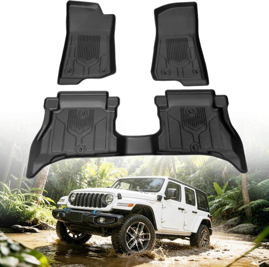 Floor Mats for Jeep Wrangler 4XE 4 Door 2021-2026 (Not for JL, JK or 2 Door), Custom Fit Heavy Duty TPE All Weather Protection, Waterproof Non-Slip Black Car Liners (Two-Row Floor Mats)
