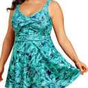 Plus Size One Piece Swim Dress Flowy Swimsuits Tummy Control Bathing Suit (Blue) - 24W