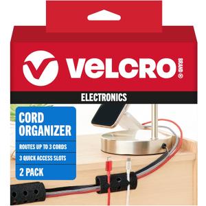 VELCRO Brand Cord Organizer for Desk Cable Management, Nightstand Organization, Unique Dual Function Cable Sleeve Cord Keepers Combo, Holds Wires for Easy Access, Route to Hide, Small 2pk Black