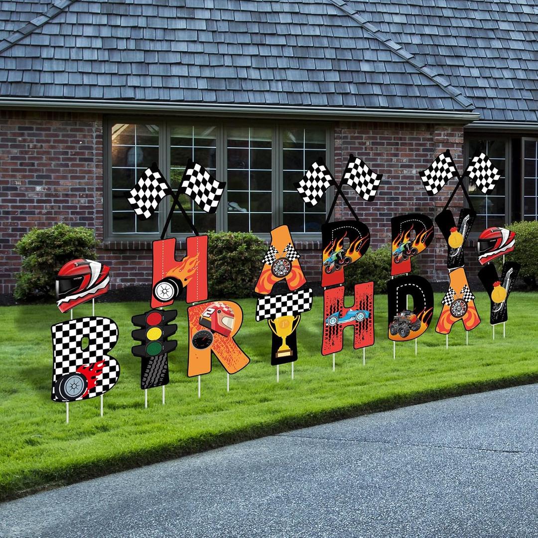 18 Pcs Happy Birthday Yard Signs with Stakes, 16 Inches Birthday Party Decorations for Boys Girls, Colorful Outdoor Lawn Patio Garden Signs Decorations for Birthday Party(Race Car)