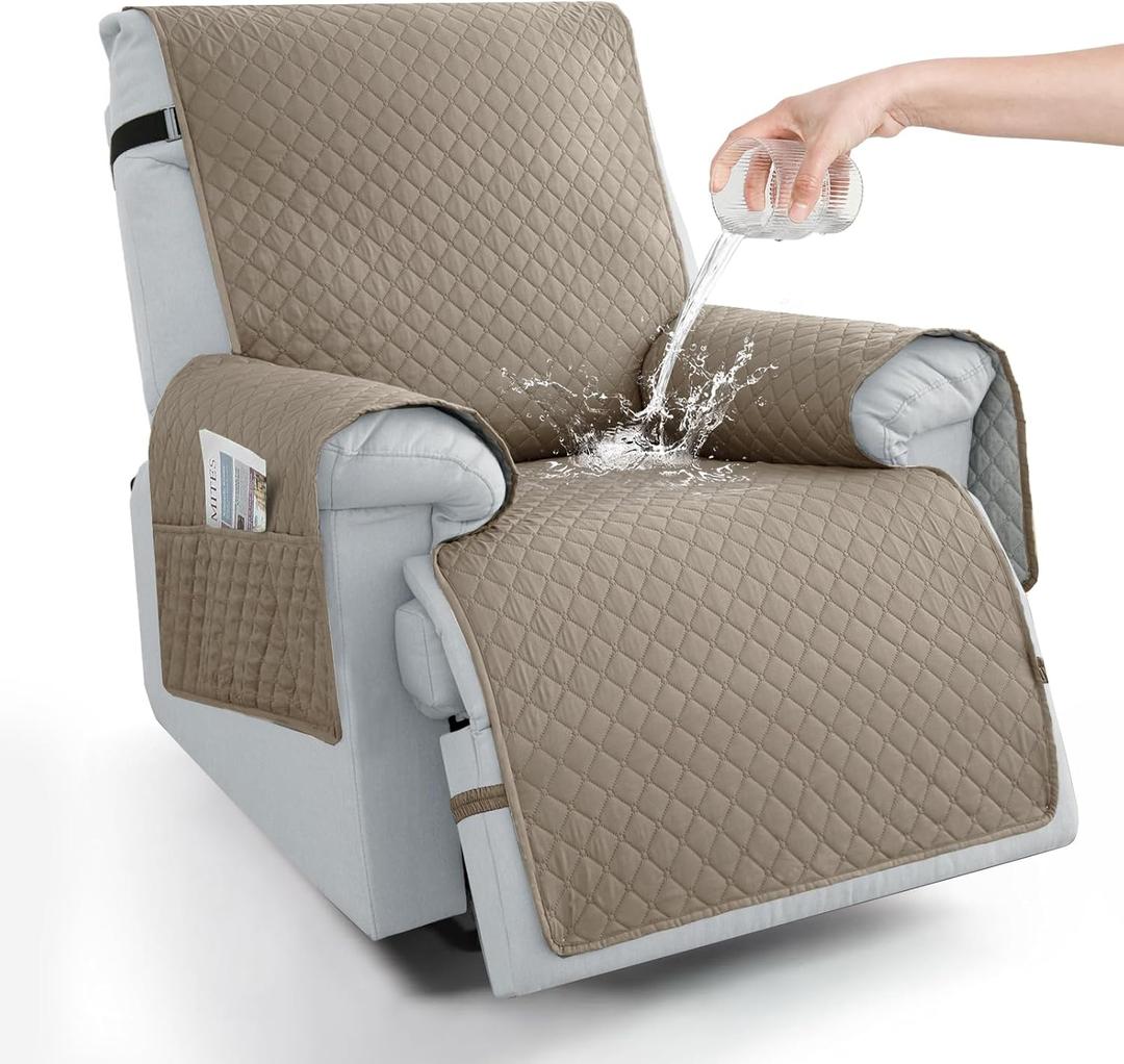 100% Waterproof Recliner Chair Covers 23.6", Non-Slip Recliner Cover for Chair with Pocket Washable Recliner Covers that Stay in Place with Elastic Straps for Dogs Cats Kids Pets-Khaki