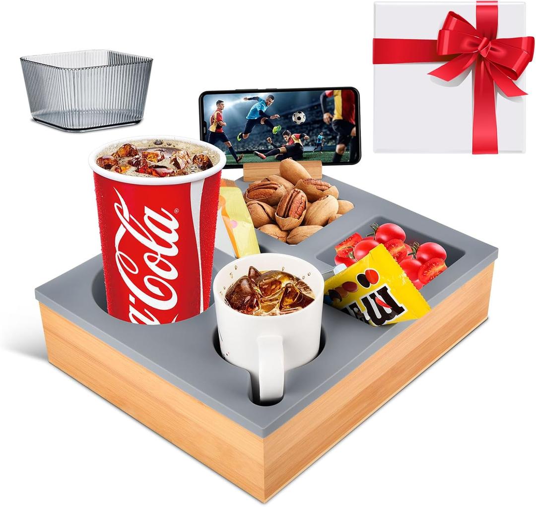 LAVAED Couch Cup Holder Tray Couch Caddy for Sofa Bed Car Seat Movie Nights, Gifts & Self-use, Silicone Wooden Couch Cup Holder Sofa Caddy for Remote Control Holder Beverage Snacks