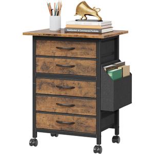 HIGDBFE 5 Fabric Drawers File Cabinet with Side Pocket, Rolling Printer Stand with Storage for Home Office, Wood Top Storage Cabinet for Documents and Crafts, Rustic Brown, 15" D