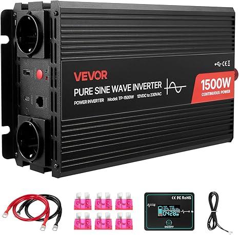 VEVOR 1500W Power Inverter, 12V DC to 120V AC Pure Sine Wave Inverter, Car Charger Converter with Remote Control, USB & Type-C Ports, 4 AC Outlets, Fast-Charging for RV, Truck Outdoor Camping