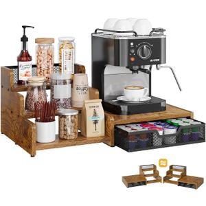 Coffee Station Organizer with K Cup Holder, 28 Pod Capacity,3-Tier Syrup Rack with Coffee Pod Holder Drawer, Coffee Bar organizer Countertop for Accessories,Rustic Brown