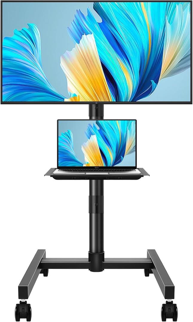 Rolling TV Stand with Wheels for 32-55Inch Screens up to 55lbs Mobile TV Stand with Shelf Height Adjustable Mobile TV Cart Max VESA 400x400mm, Black