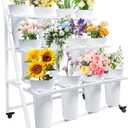 Flower Display Stand with 12 Buckets, Flower Cart 3 Layers, Flower Stand Metal with Wheels, Moving Florist Bouquet Shelf, Triangular Rack, White 