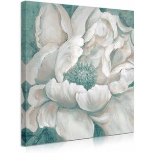 Bathroom Flower Picture Wall Art Blossom Teal White Floral Framed Painting Canvas Print with Hand Painted for Home Bedroom Decor 12 x 12 inches