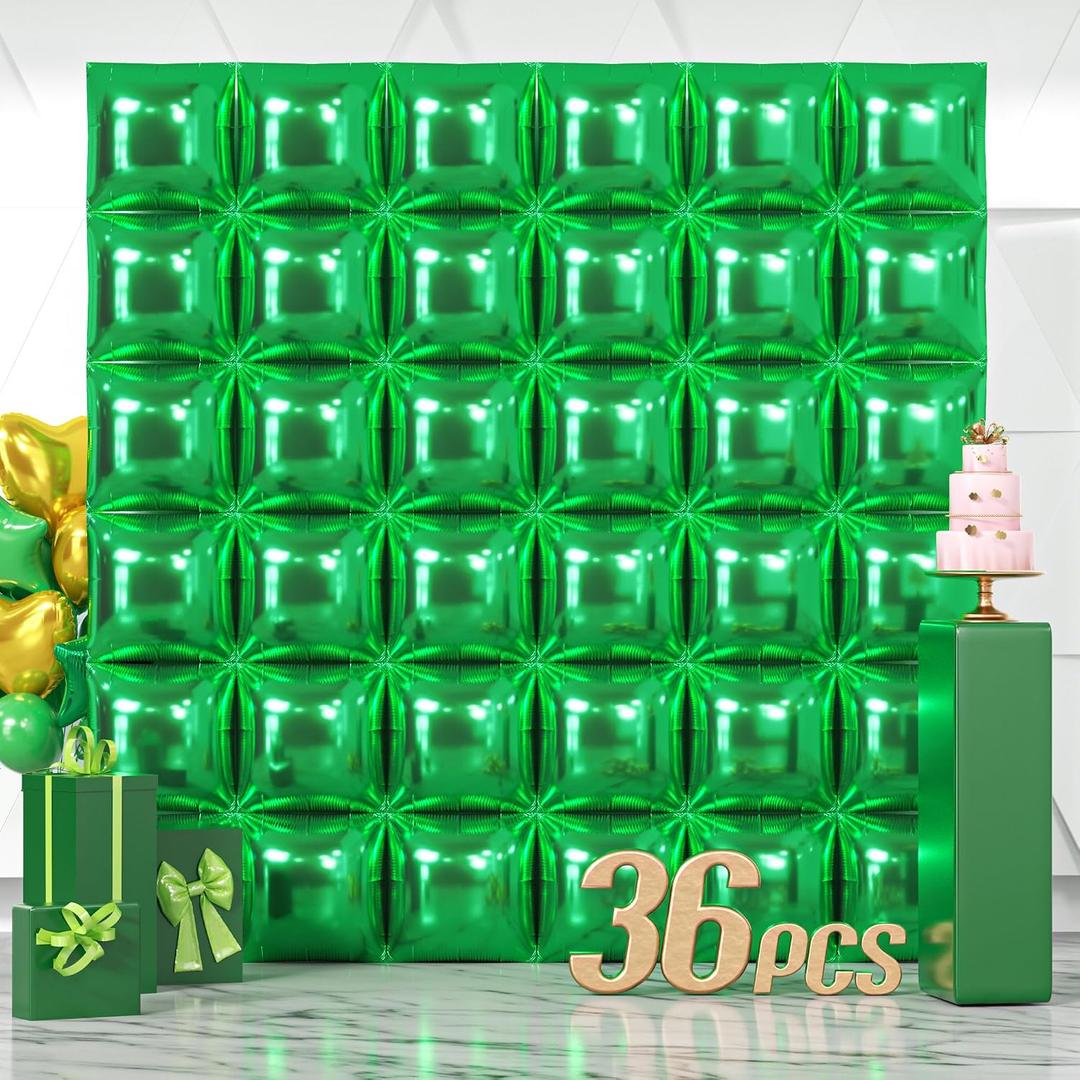 NISOCY 36PCS Green Square Foil Balloons Wall Backdrop Double Sided Green Christmas Balloons Tunnel Arch Kit for Baby Shower Birthday Anniversary Summer Party Decoration