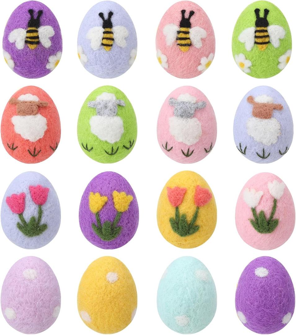 16 Pcs Easter Felted Eggs Bulk Basket Decor,Large Pastel Easter Egg Wool Felt Spring Crafts Tree Hanging Ornaments for Easter Egg Hunt Surprise Egg Party Tiered Tray Decor Goat, Bee, Tulip