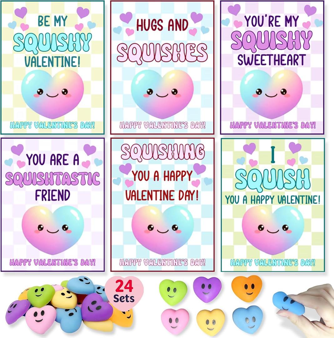 Heart Shape Squishies Valentines Day Cards Gifts for Boys Girls Classroom Exchange, 24 Packs Valentines Day Heart Shape Squishies with Cards for Kids School Party Favor