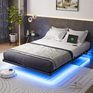 Liians Full Size Modern Floating Bed Frame with Smart LED Lights, USB Charging Station, Sturdy Metal Platform, No Box Spring Needed, and Easy Assembly