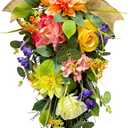 Svndlyn Spring Summer Floral Teardrop Swags Lighted Mixed Flower Teardrop Wreath with Dahlia Pinnata Peonies Rose Burlap Bow and Eucalyptus Leaves Floral Arrangement for Door Wall Mantel Window