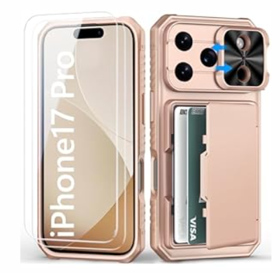f
BXYJY for iPhone 17 Pro Case Wallet with Screen Protector (Tempered Glass), Slide Camera Cover, Card Holder (4-5 Cards), Military Grade Heavy Duty Men Women Case for iPhone 17Pro, Rose Gold