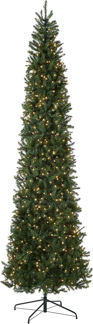 National Tree Company 10 ft Pre-Lit Kingswood Fir Slim Artificial Christmas Tree, 600 Clear Lights, 1,715 Tips, Includes Stand, Green