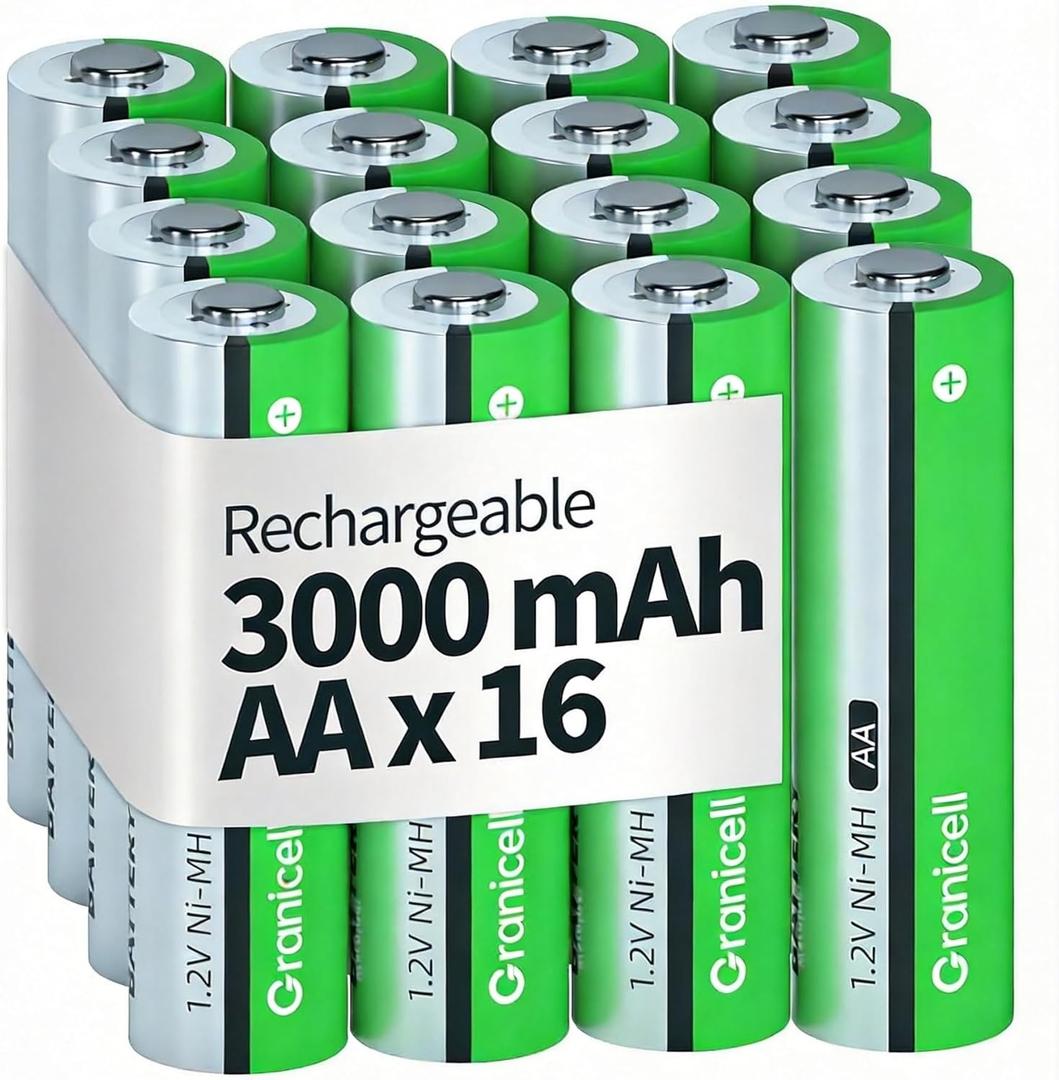 Granicell AA Rechargeable Batteries 3000 mAh High Capacity 1300 Cycle,1.2V NiMH Low Self Discharge AA Battery,16 Pack