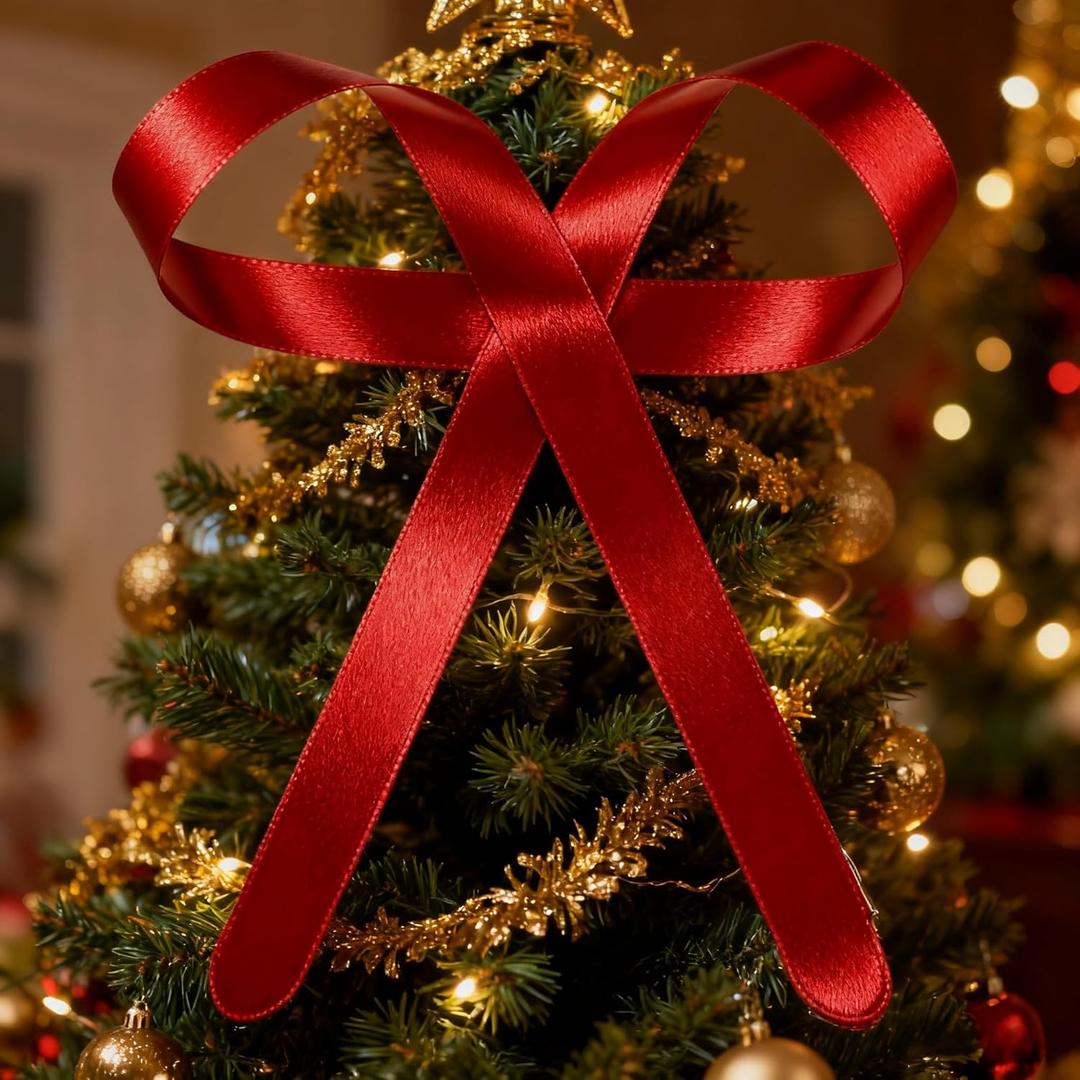 Metal Bow Tree Topper, Large Christmas Ornament with Clip, Indoor Outdoor Holiday Decoration (Red, 10x12)
