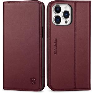 SHIELDON Case for iPhone 15 Pro Max, Genuine Leather Wallet RFID Blocking Card Holder Folio Magnetic Stand Shockproof Cover Compatible with iPhone 15 Pro Max 6.7" - Wine Red