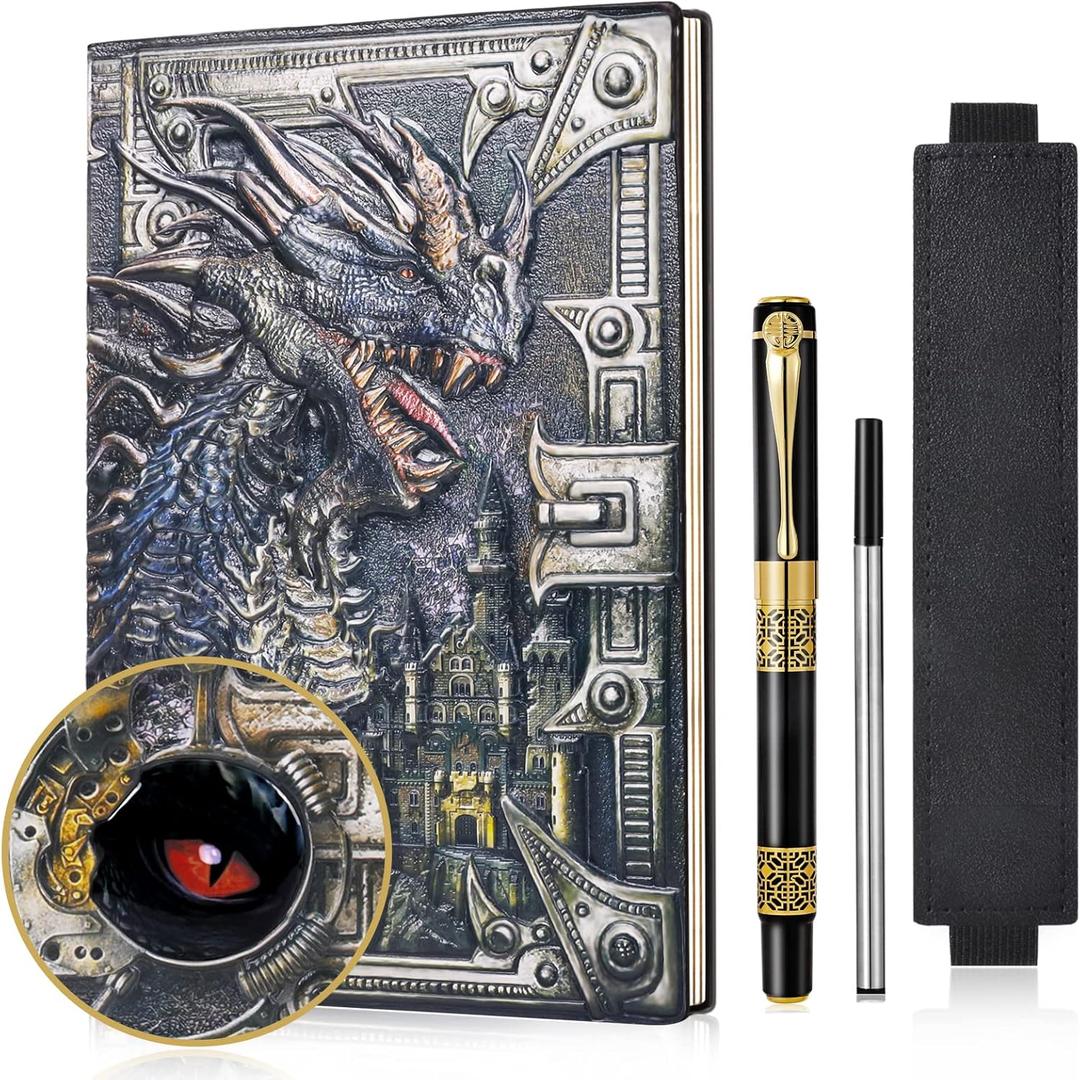JiaoJiRen DND Dragon Notebook 3D Embossed Leather Journal A5 Vintage Travel Journal with Pen &  Pen Sleeve, D&D Handmade Daily Diary Lined Writing Notebook for Men & Women(Colorful Dragon)
