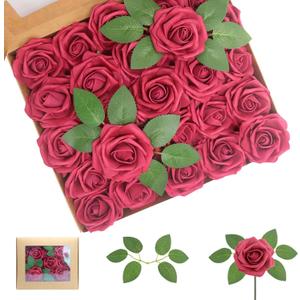 Artificial Flowers 50PCS Burgundy Roses Real Looking Foam Fake Roses with Leaves and for DIY Wedding Bouquets Bridal Shower Centerpieces Party Decorations (Burgundy)