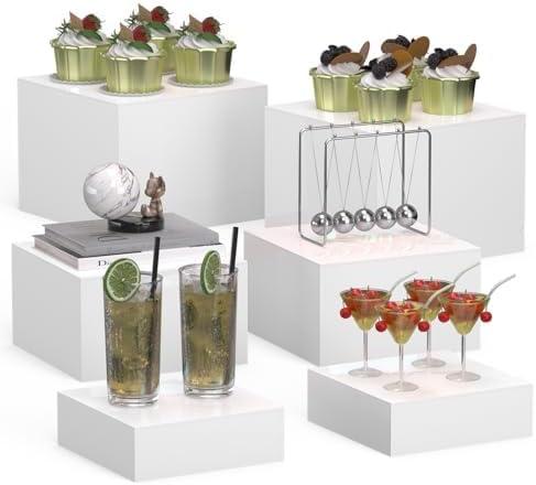 Acrylic Buffet Risers 6-Pack, White Nesting Dessert Table Display Set for Wedding Party Food Serving Create Elevated Displays for Kitchen Counter, Cake, and Jewelry(3 Sizes)