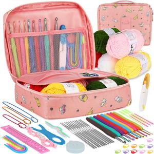 Aeelike Crochet Kit for Beginners Adults, Crochet Kits Include Yarn, 59pcs Crochet Starter Kit for Beginners, Ergonomic Crochet Hooks 2.0-6.0 mm, Lace Steel Needles 0.6-1.9 mm (pink cat)