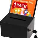 Black Metal Donation Box with Lock,raffle ticket box donation boxes for fundraising,tip jar,Suggestion Box with Sign Holder,Multi-Use Secure Storage with 2 Keys,6.3x4.72x3.94 Inch