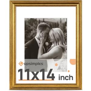 upsimples Vintage 11x14 Picture Frame, Antique Gold Frame Displays 8x10 with Mat or 11 x 14 Without for Vertical or Horizontal Wall Decor, 1pack