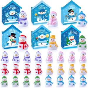 Soulchen 48 Pcs/24 Sets Winter Party Favors for Kids Mini Snowman Figurines with House Box Tiny Resin Snowman Micro Landscape Ornaments for Winter Wonderland DIY Crafts Fairy Garden Dollhouse Decor