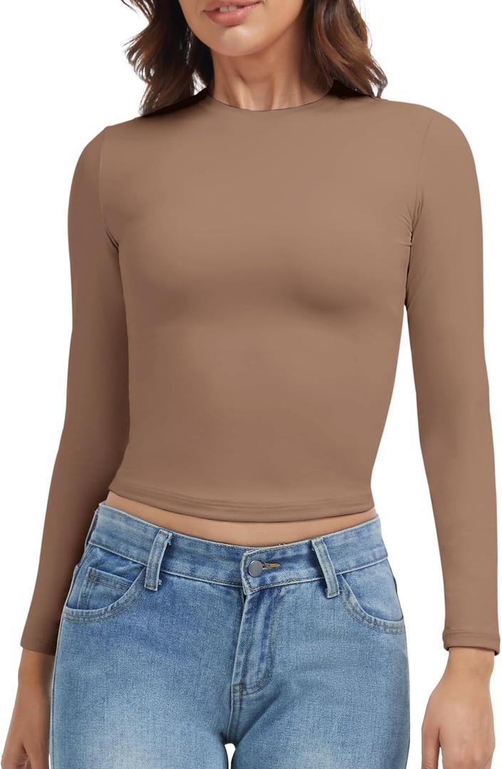 VIMPEP Women's Double Lined Long Sleeve T Shirts Crew Neck Slim Fit y2k Sexy Tops Basic Outfits for Workout Undershirts (Brown, S)